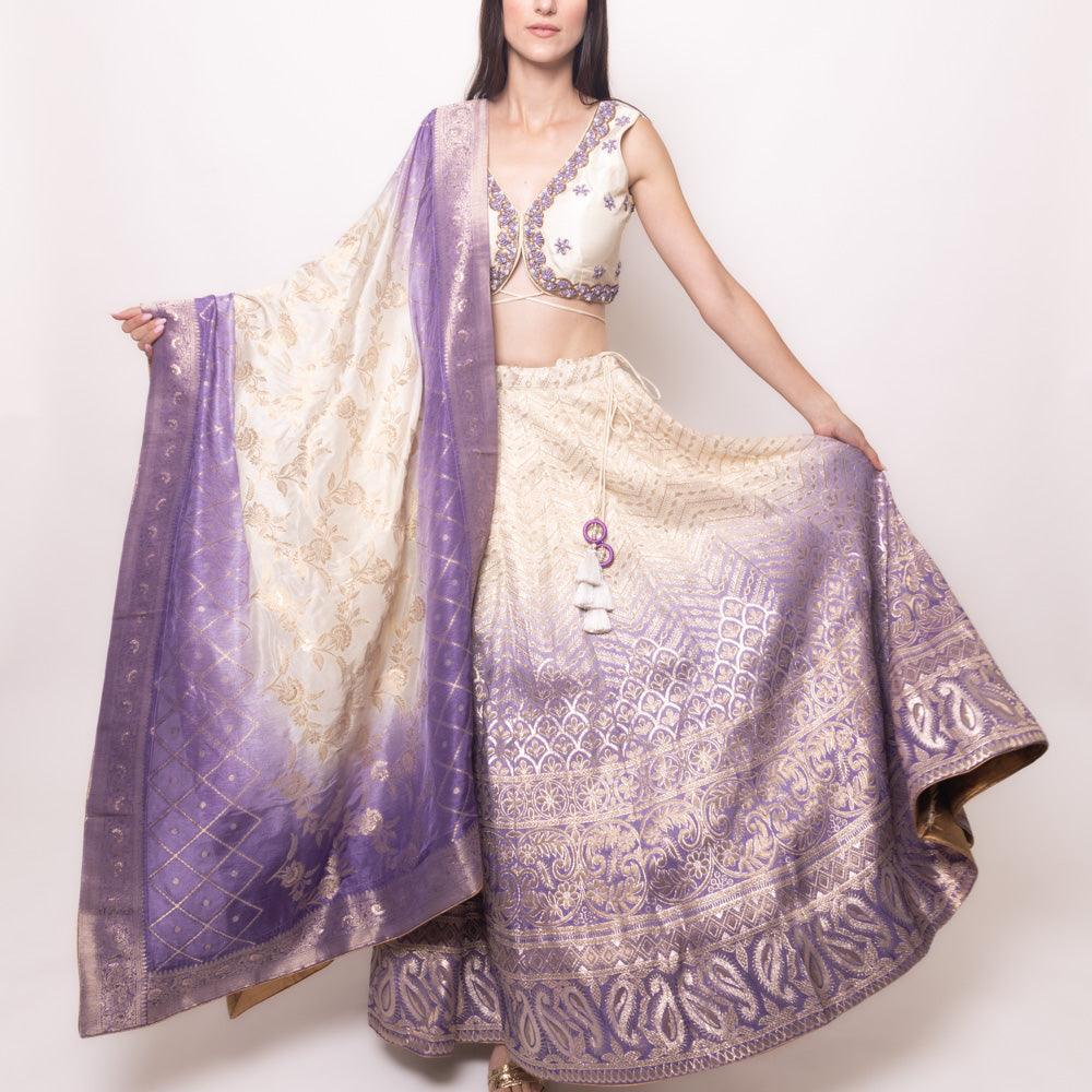 Raas Women s Off White and Lilac Shaded Banarasi Silk Lehenga Choli Lilac White