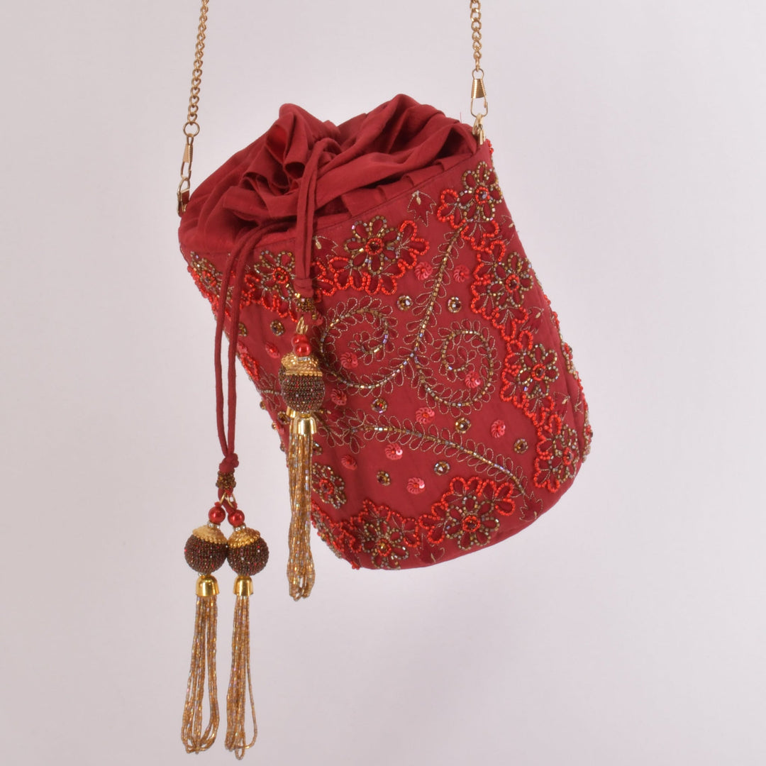 Carmella Red & Gold Embroidered Bucket Bag