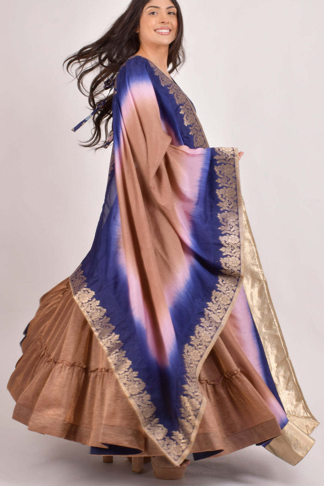 Duna Brownish Gold Tiered Lehenga Choli Set - Raas