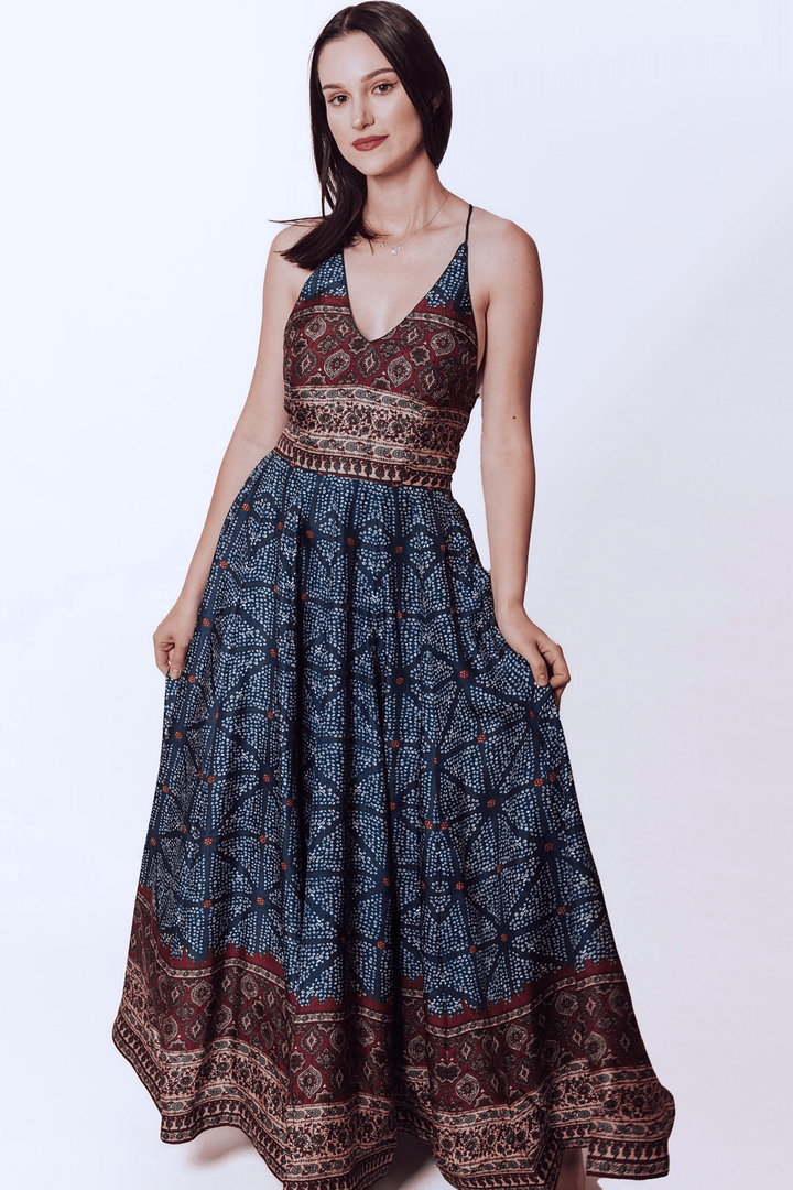 Elara Gown with Ajrakh & Bandhani Prints - Raas