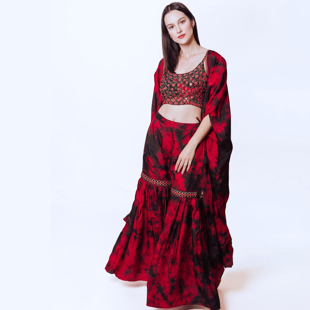 Juliana Hand Tie Dye Palazzo Pantsuit with Hand Embroidered Blouse - Raas