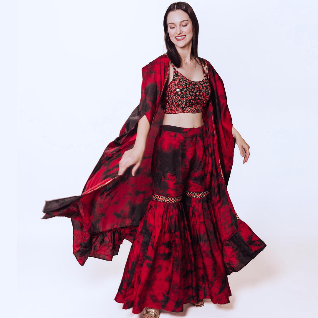 Juliana Hand Tie Dye Palazzo Pantsuit with Hand Embroidered Blouse - Raas