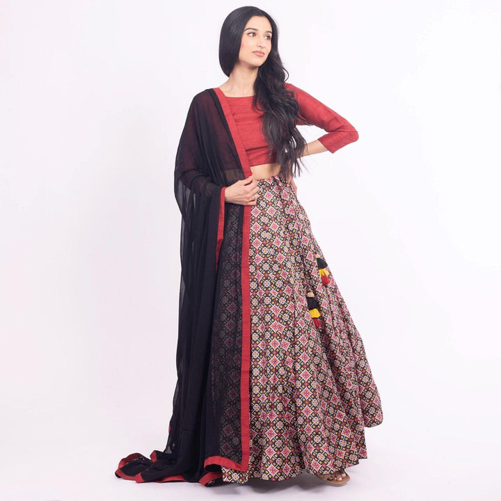 Kya Black Red Silk Lehenga Choli Set - Raas