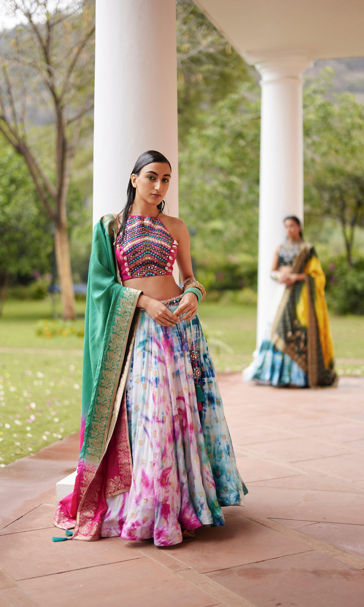 Maya Hand Tie Dye Lehenga Set with Heavy Embroidery Blouse - Raas