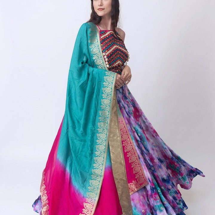 Maya Hand Tie Dye Lehenga Set with Heavy Embroidery Blouse - Raas