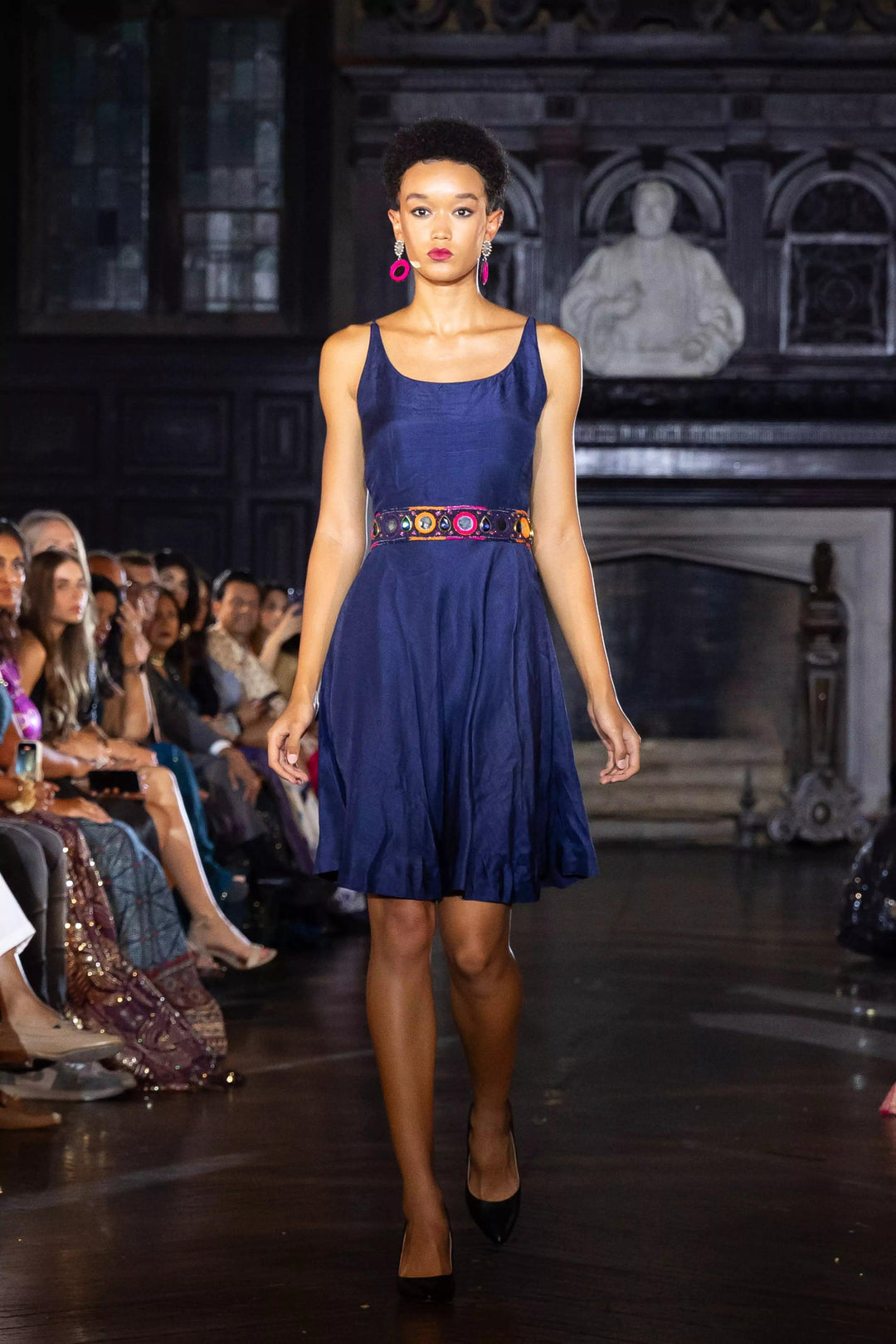 Nina Blue Short Dress with Embroidered Belt - Raas