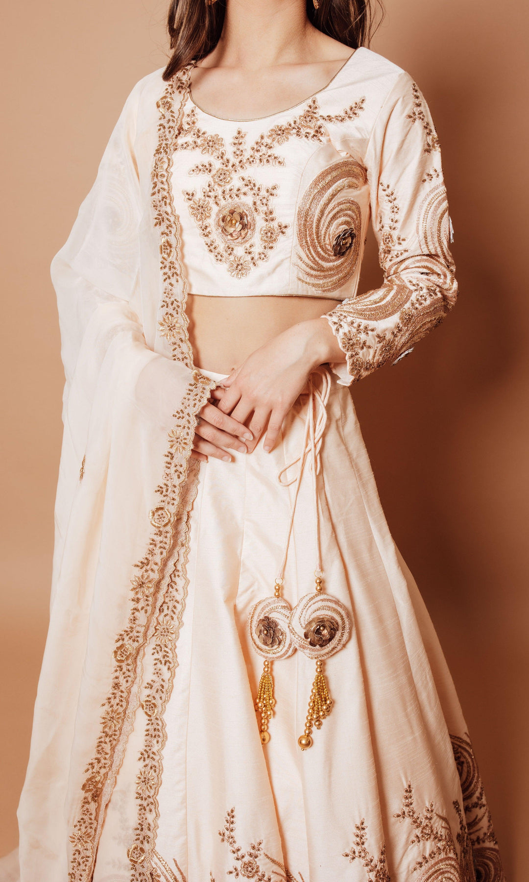 Octavia Long Sleeve White Sequin Lehenga Choli Set - Raas