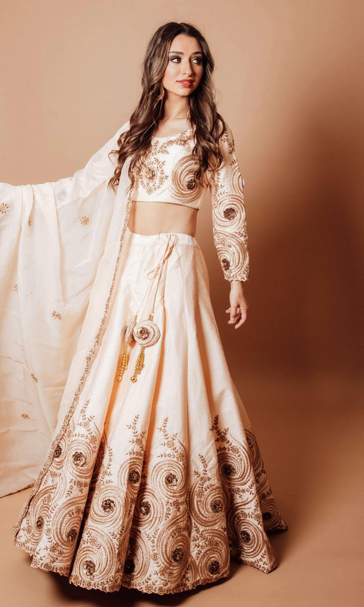Octavia Long Sleeve White Sequin Lehenga Choli Set - Raas