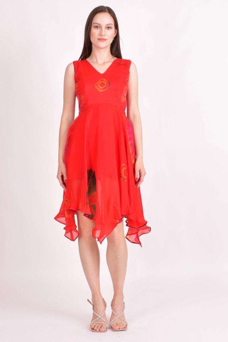 Red Hand Tie Dye High Low Dress: Chic Silk Silhouette | Raas
