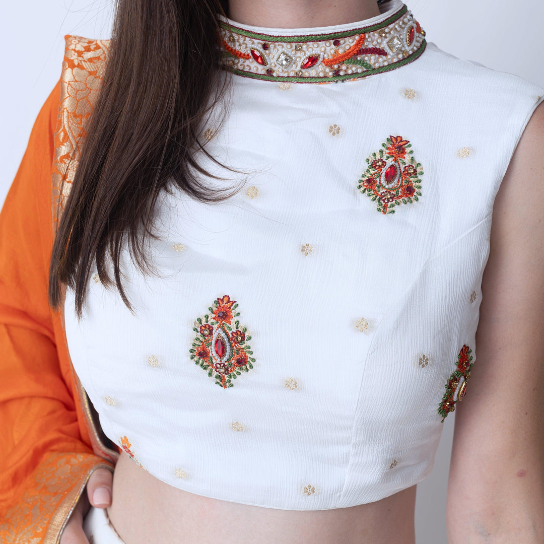 Rose White Lehenga with Embroidered High Neck Choli and Multi Color Dupatta - Raas