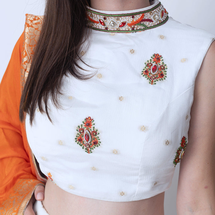 Rose White Lehenga with Embroidered High Neck Choli and Multi Color Dupatta - Raas
