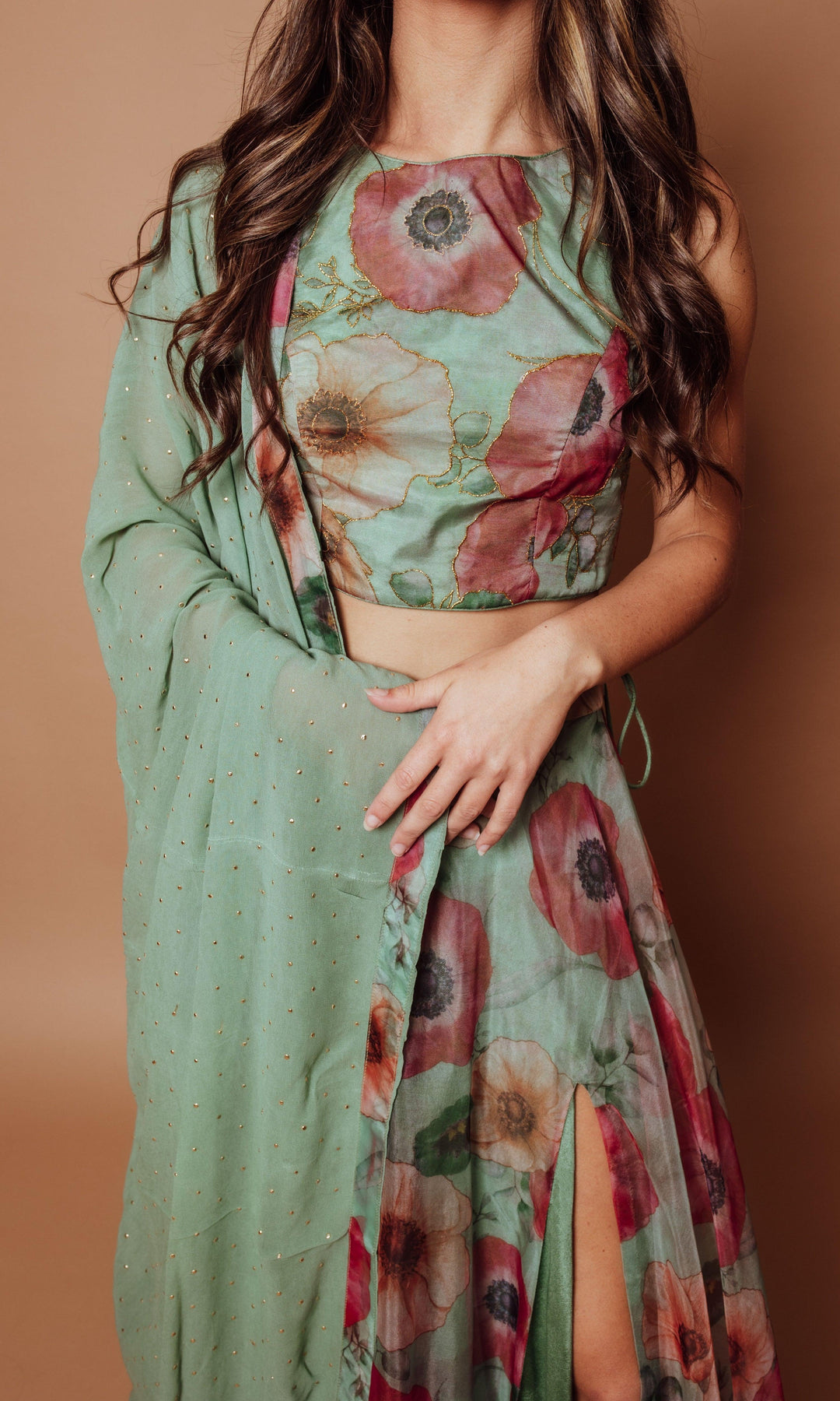 Close up photo of a model wearing Sylvia Lehenga Choli