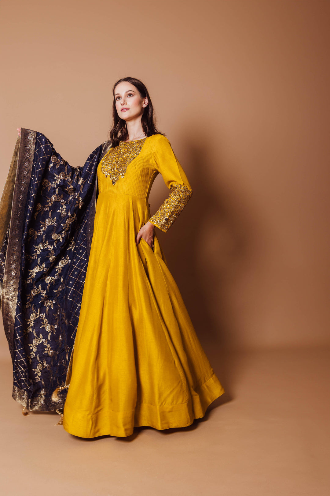 Vaila Yellow Gown with Jacquard Silk Drape - Raas