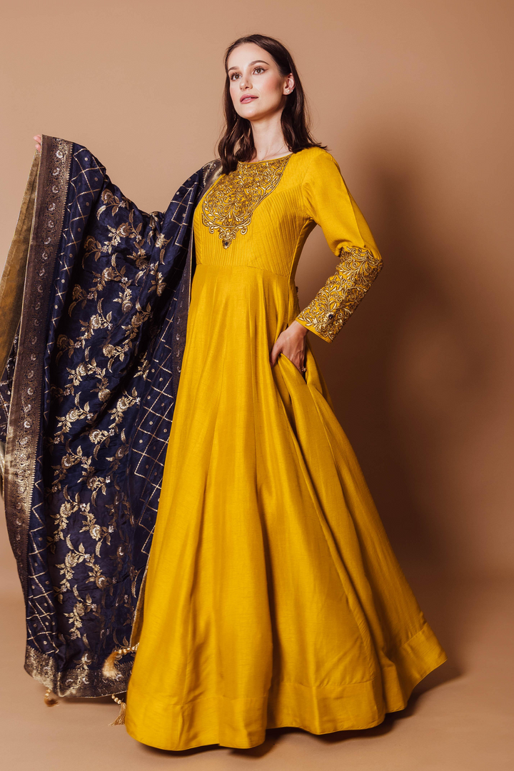Vaila Yellow Gown with Jacquard Silk Drape