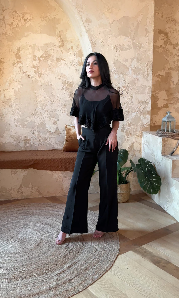 BLR1020 Kai Black Silk Chiffon Cape and Blouse