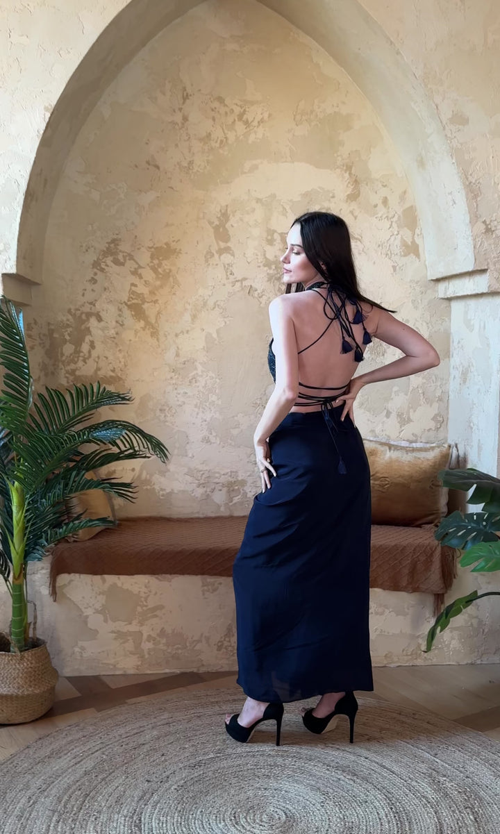 Farah Navy Drape Skirt with Hand Embroidered Blouse