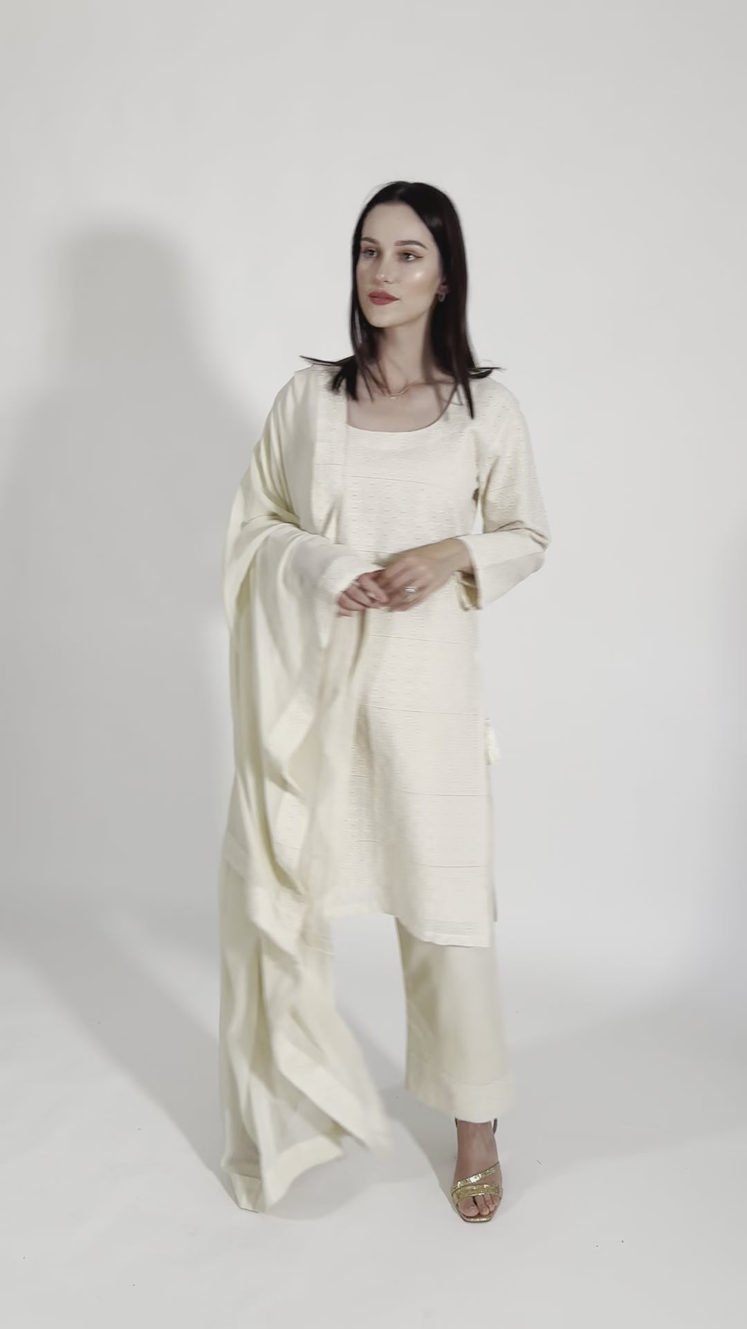 Zara Off-White Salwar Kameez Set with Eyelet Embroidery