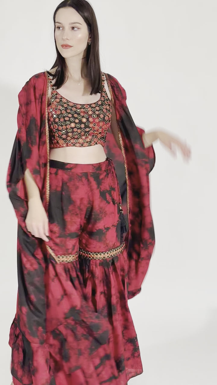 Juliana Hand Tie Dye Palazzo Pantsuit with Hand Embroidered Blouse