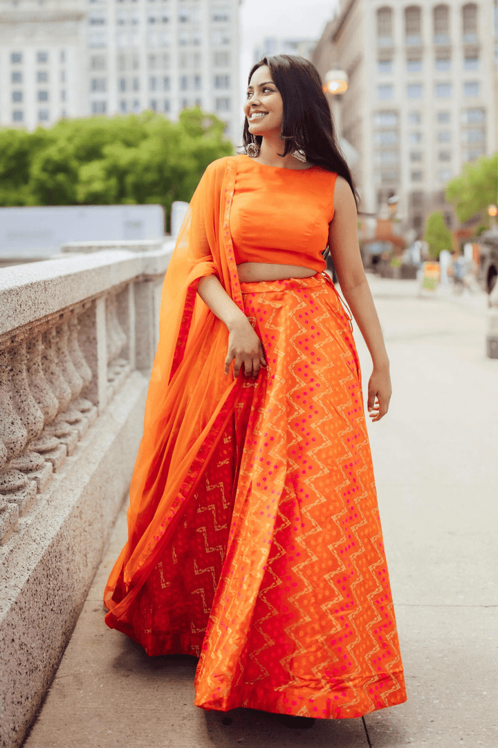 Raas - Juniper Clementine Orange Lehenga with Tie Back Blouse - Chaniya choli USA