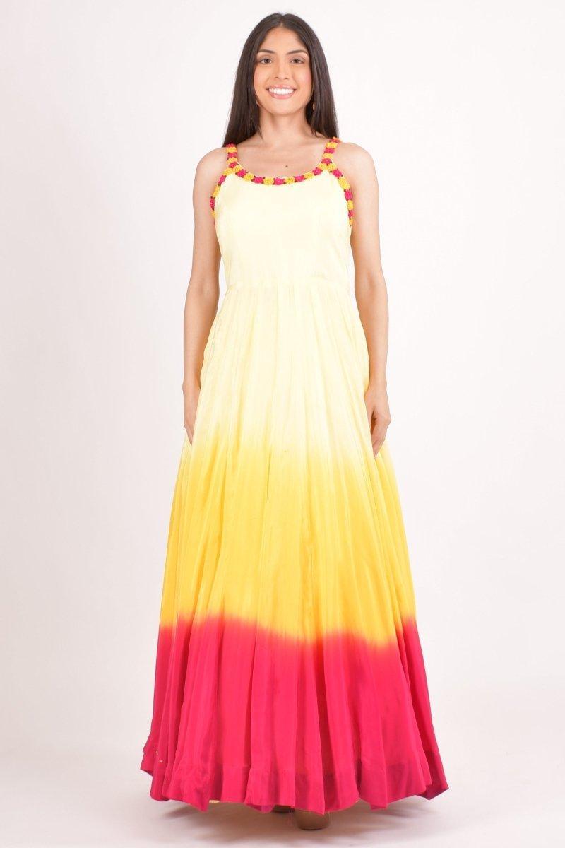 Persia Ombre Silk Maxi Dress: Handcrafted Indian Gown USA XL / Yellow
