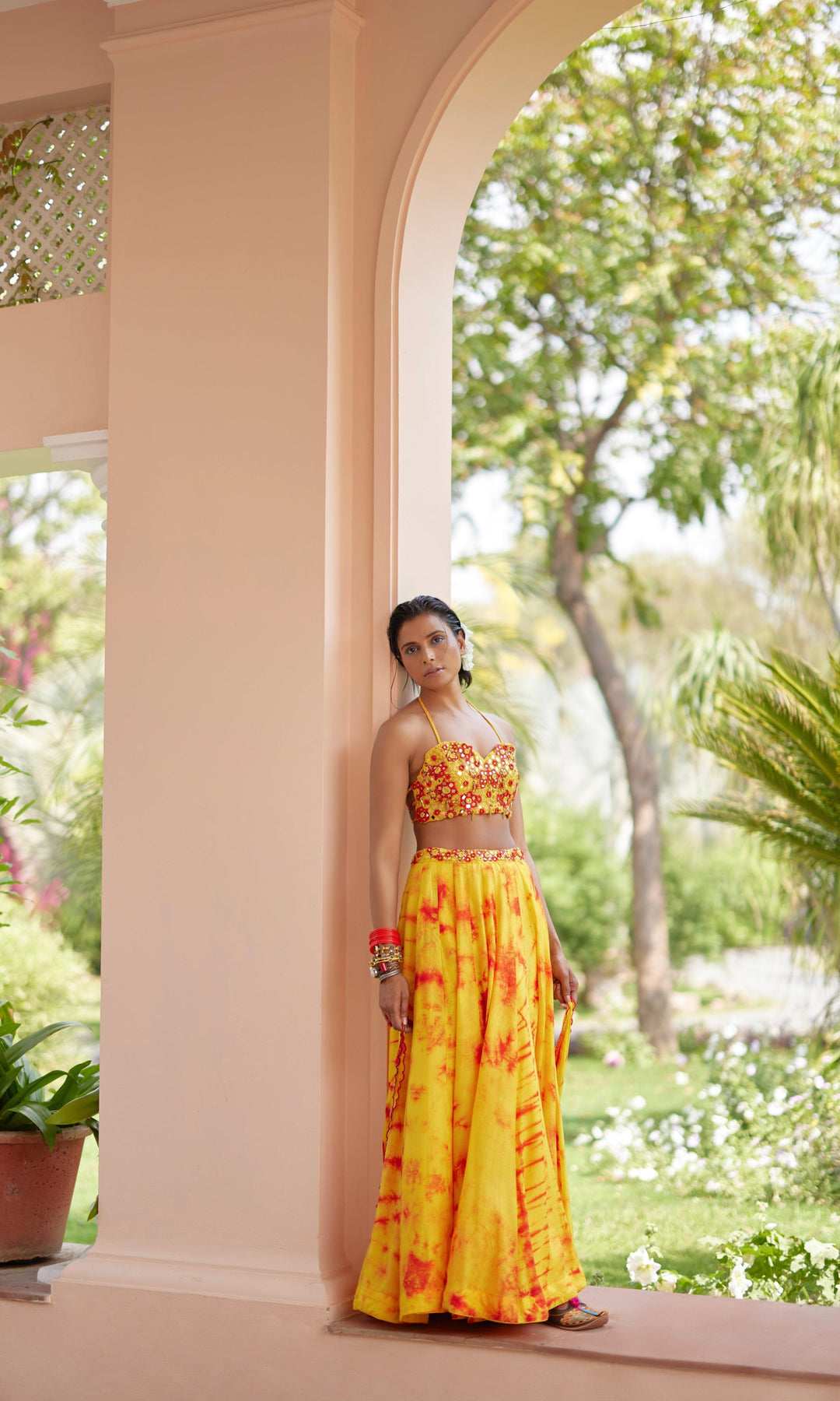 Yellow Tie-Dye Lehenga Choli Set - Raas