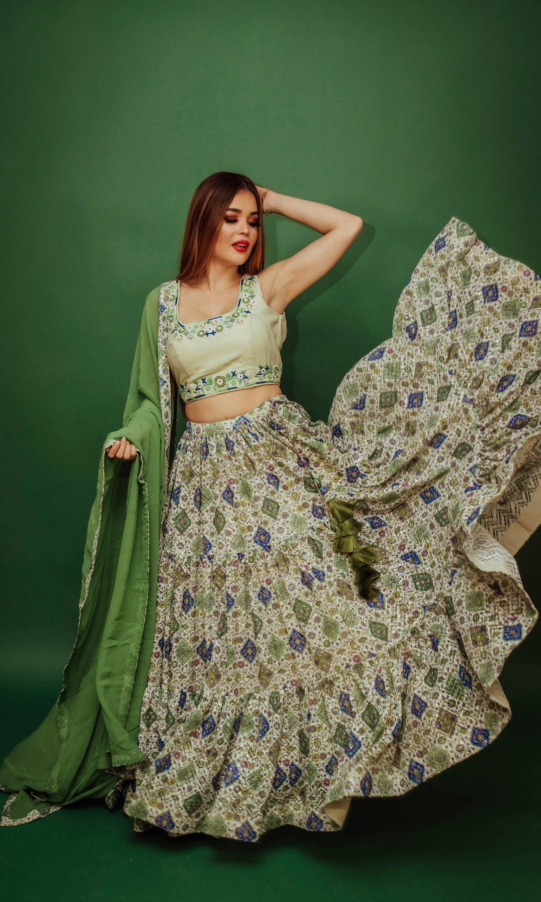 Martini Green Sequin Print Lehenga Choli Set - Raas