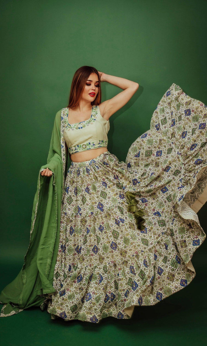 Martini Green Sequin Print Lehenga Choli Set - Raas