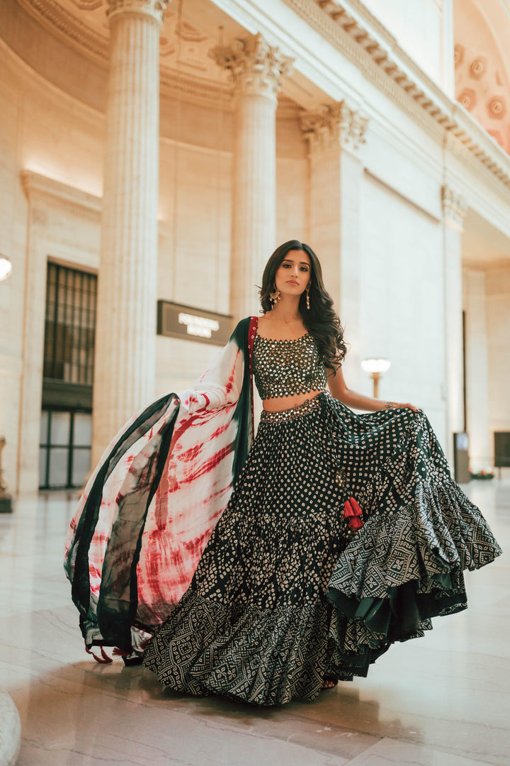 CC3270 Green mirror work lehenga - Chaniya choli