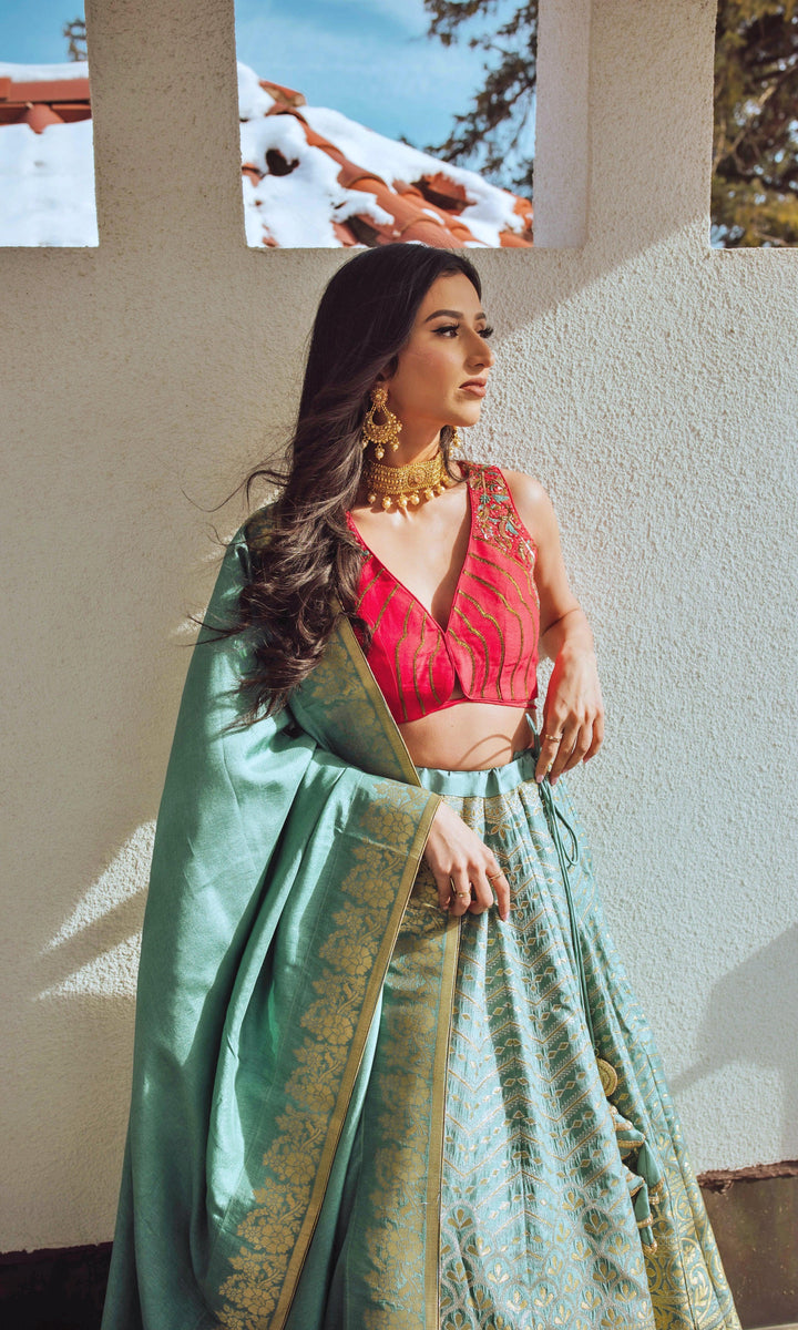 Pista Banarasi Lehenga Set - Raas