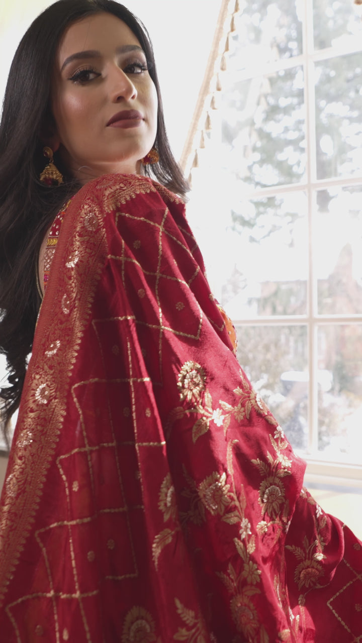 Pina Yellow and Maroon Shaded Banarasi Lehenga Choli Set