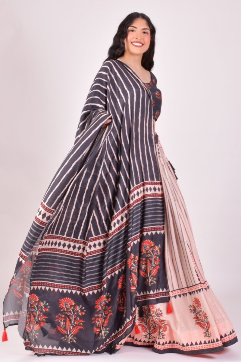 Peach Kalamkari Print Chaniya Choli With Block Print Dupatta