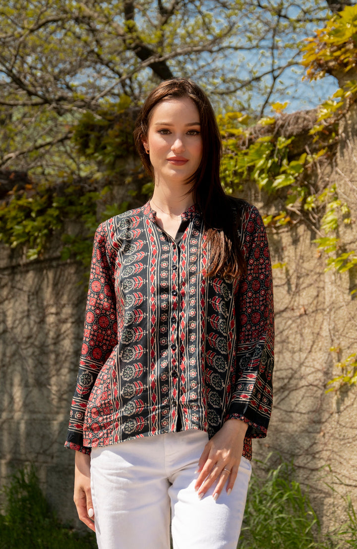 Ayla Maroon Muslin Silk Button-Up Top - Raas