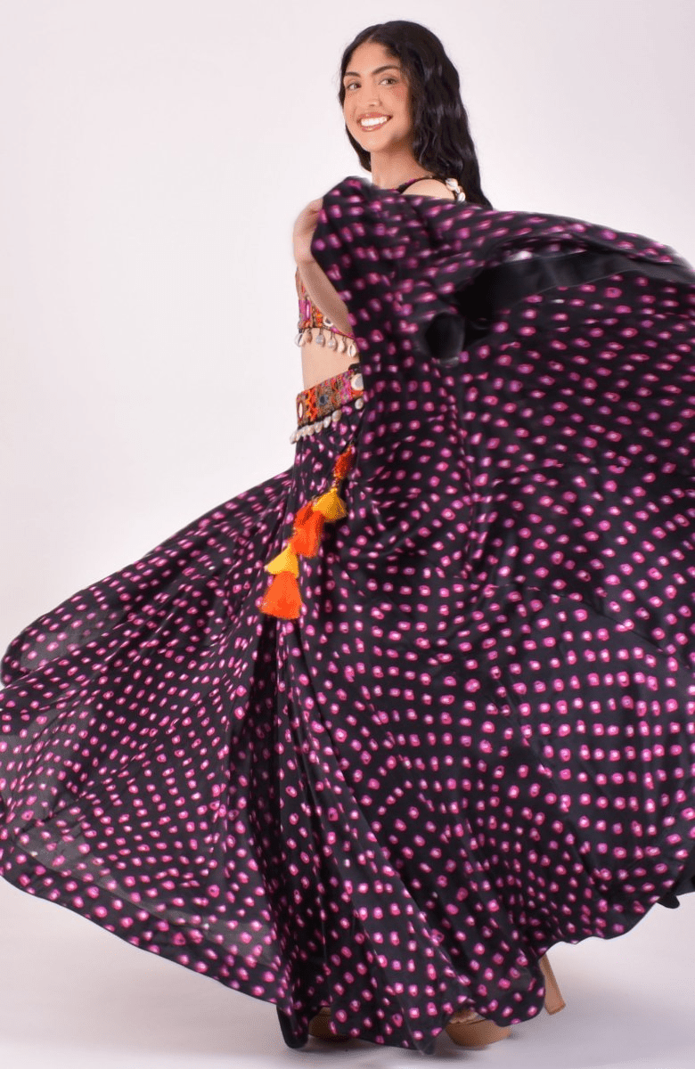 Black Bandhej Kutchi Chaniya Choli With Shells
