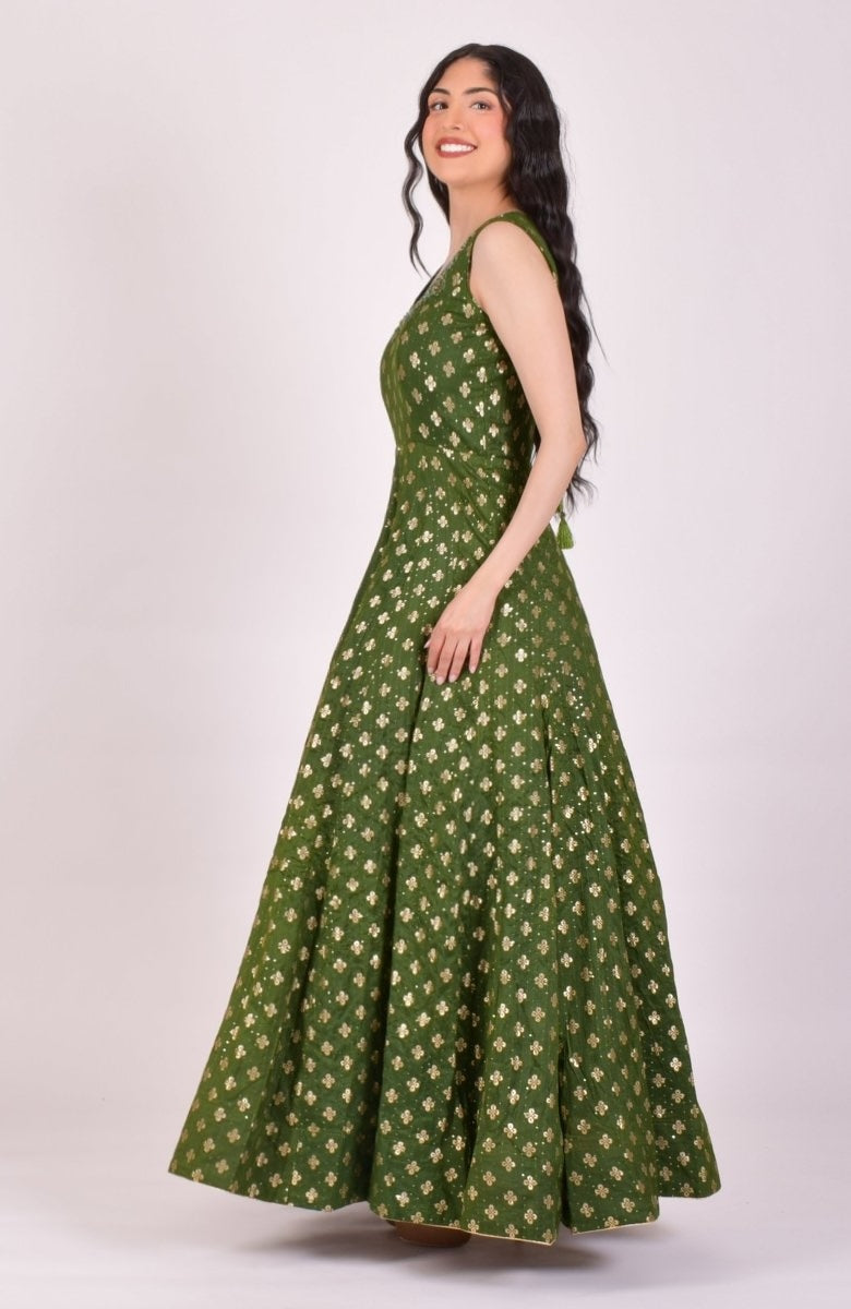 Green Sequin Anarkali Gown With Dupatta