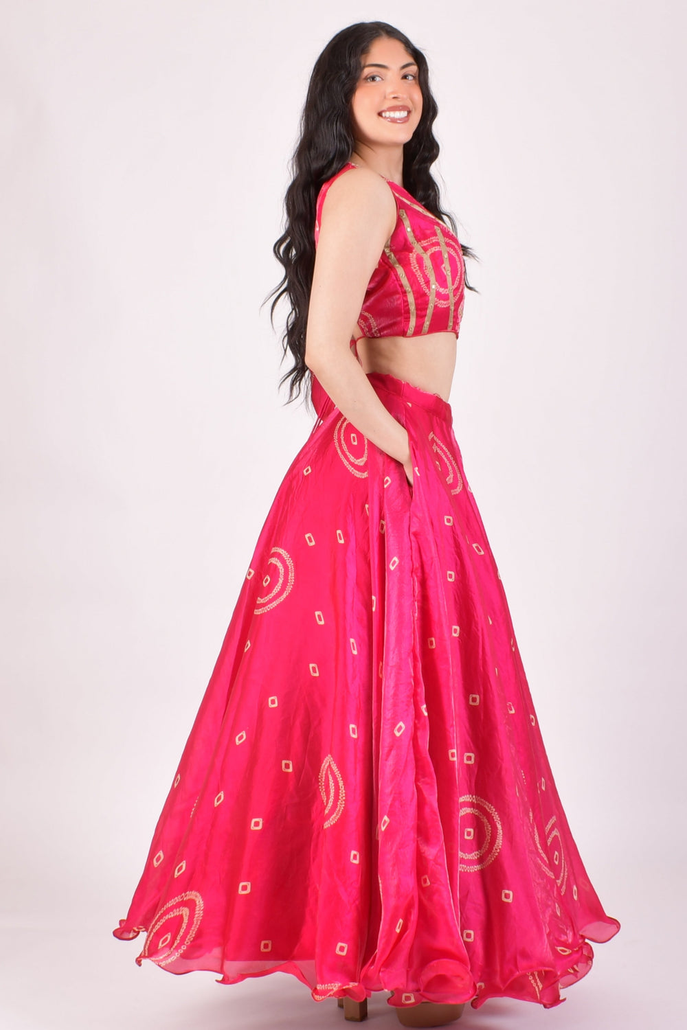 Fuchsia Pink Bandhej Shimmer Silk Chaniya Choli