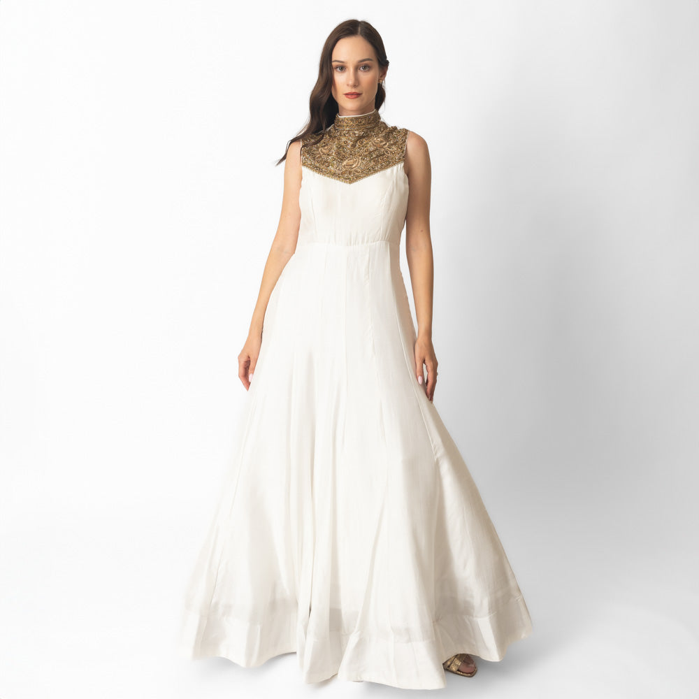 Mya White Silk Gown with Hand Embroidery