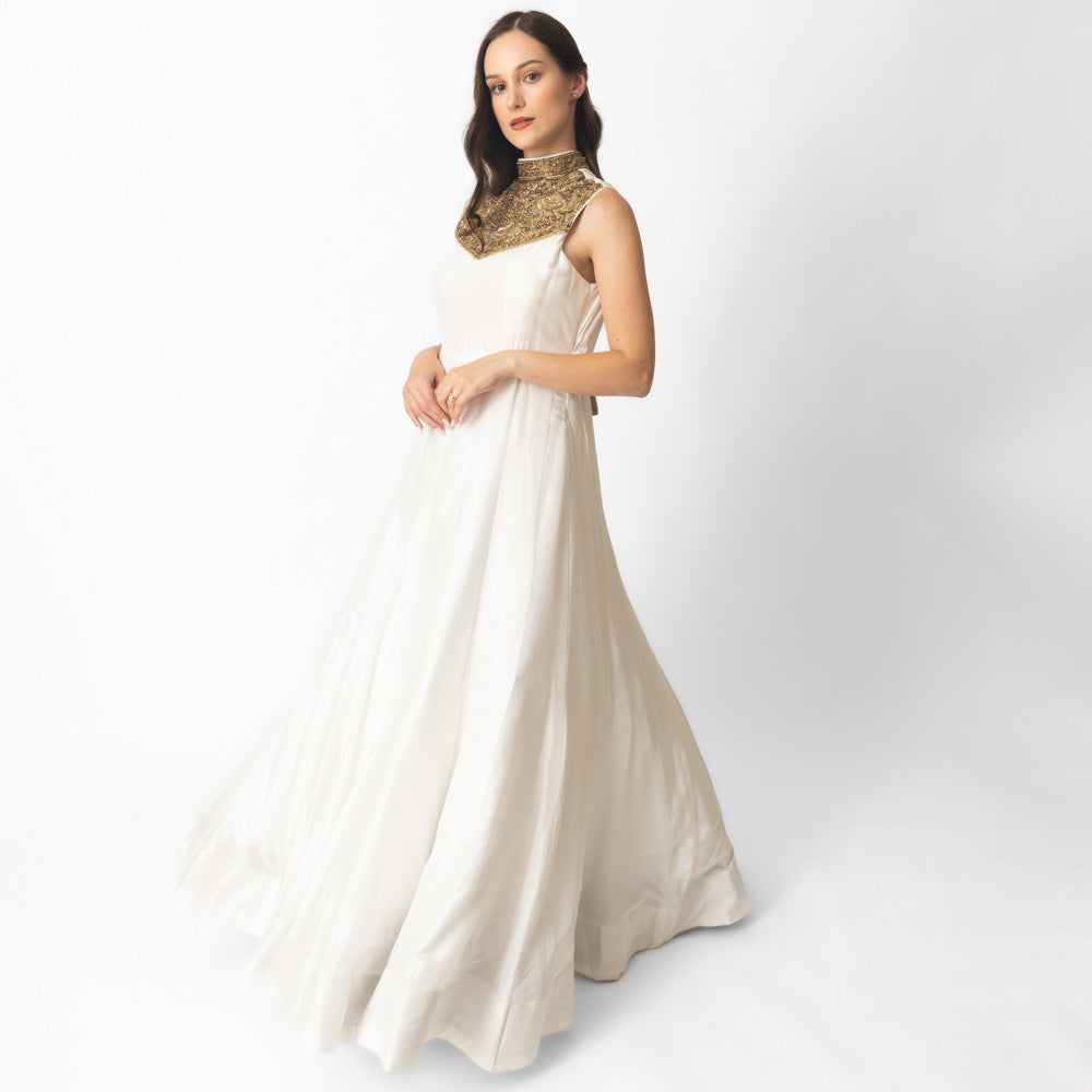 Mya White Silk Gown with Hand Embroidery