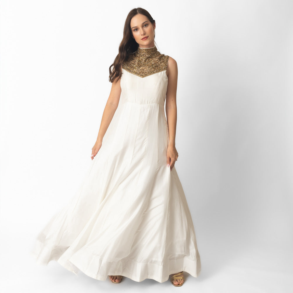 Mya White Silk Gown with Hand Embroidery