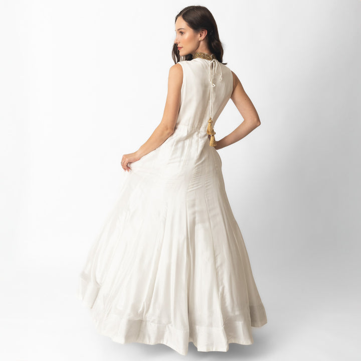 Mya White Silk Gown with Hand Embroidery