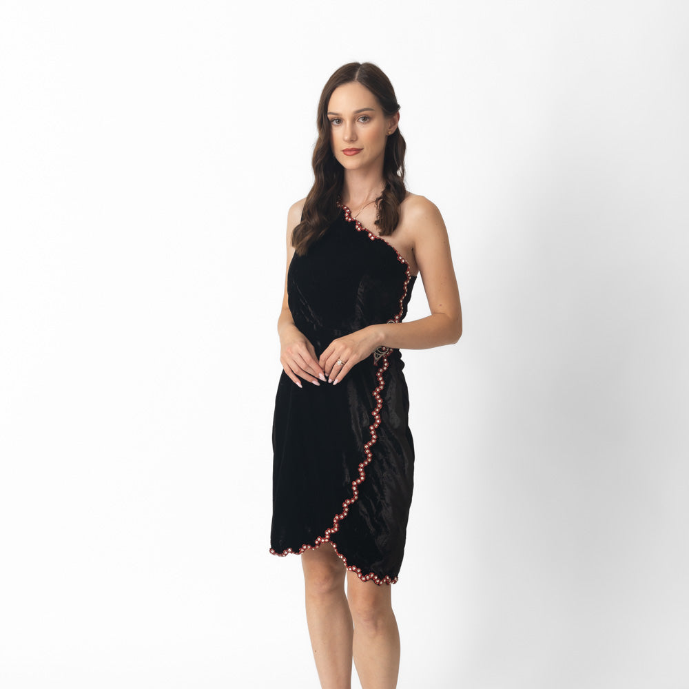 Regina Black Velvet Short Dress with Hand Embroidery