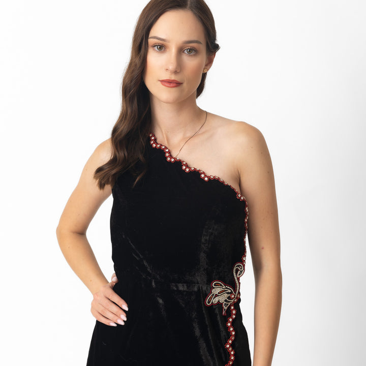 Regina Black Velvet Short Dress with Hand Embroidery