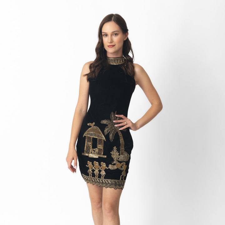 Halona Black Dress with Hand Embroidery in Varli