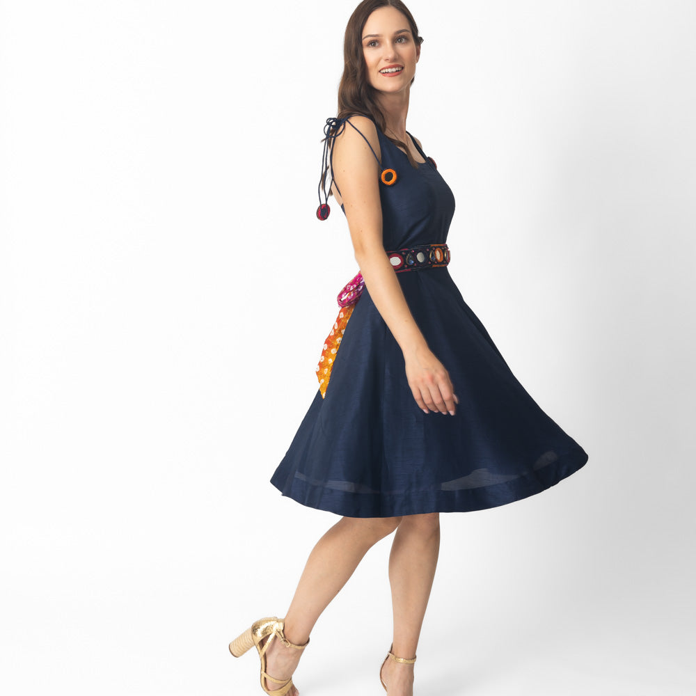 Blue Nina Dress with Multi Color Embroidered Belt