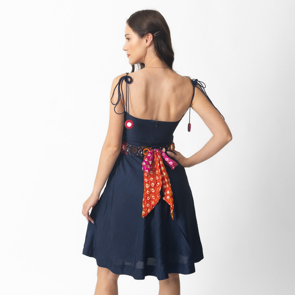 Blue Nina Dress with Multi Color Embroidered Belt