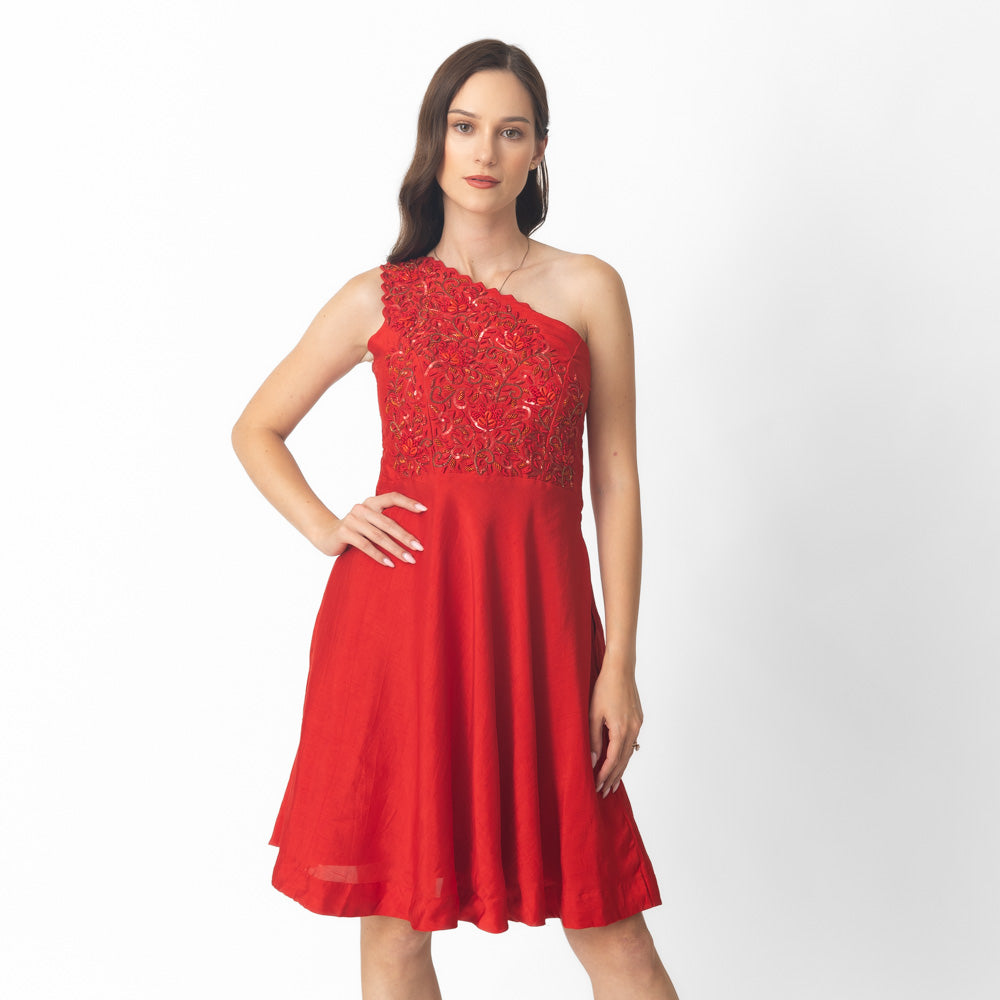 Kia Red Raw Silk Short Dress