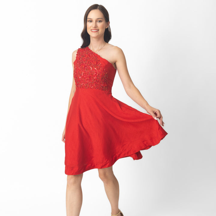 Kia Red Raw Silk Short Dress