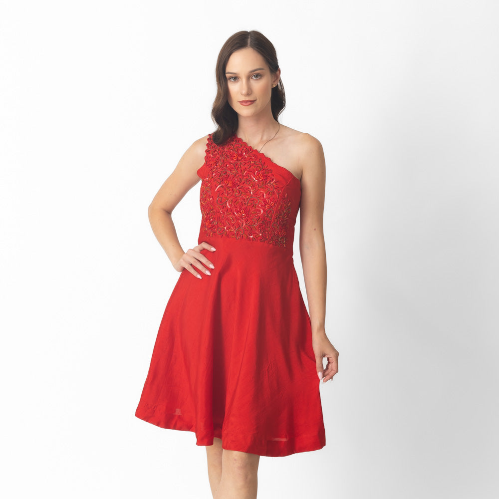 Kia Red Raw Silk Short Dress