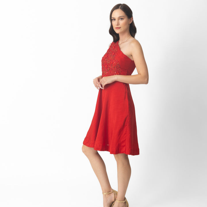 Kia Red Raw Silk Short Dress