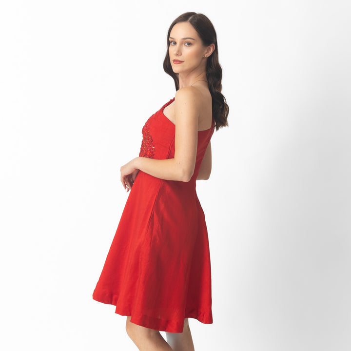 Kia Red Raw Silk Short Dress