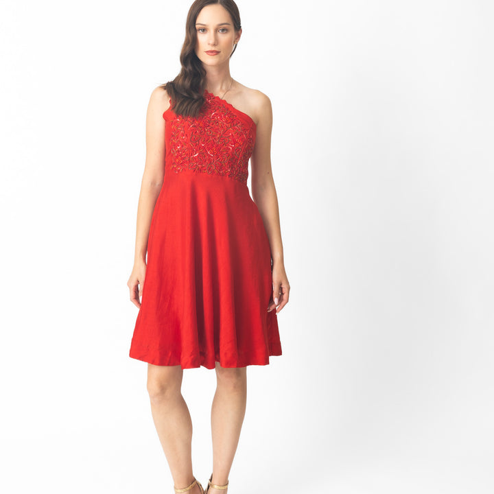 Kia Red Raw Silk Short Dress